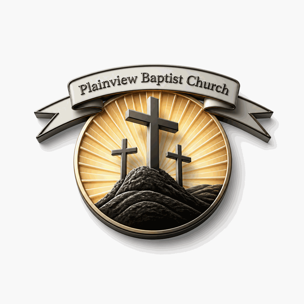 Plainview Baptist Church logo with three crosses on a hill and a sunburst background.