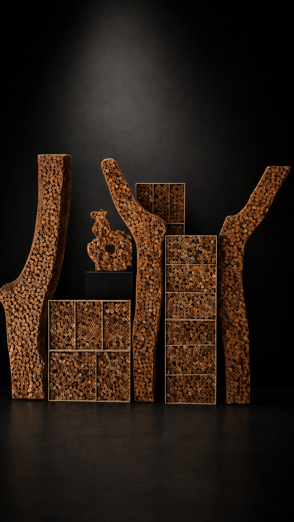 Wanddekoration aus Holzscheiten in verschiedenen Formen, mit schwarzen Hintergründen.