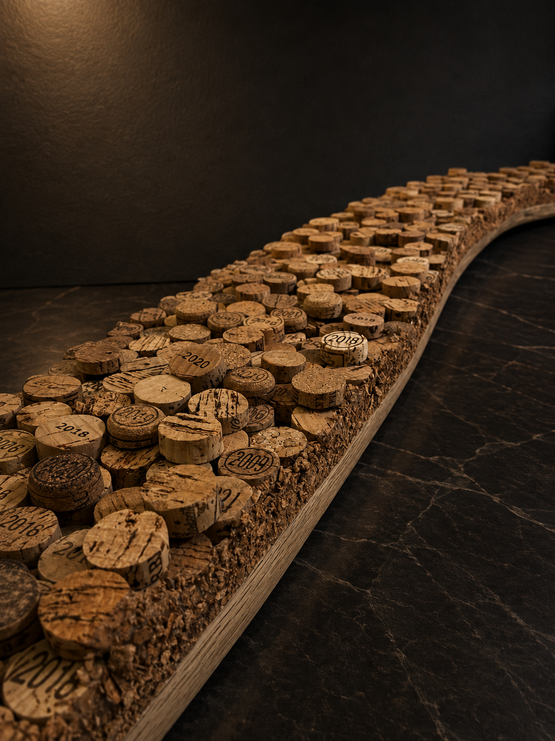 Detail of Vintages of Time by Nick Voß showing engraved years on hand-cut recycled wine cork discs.