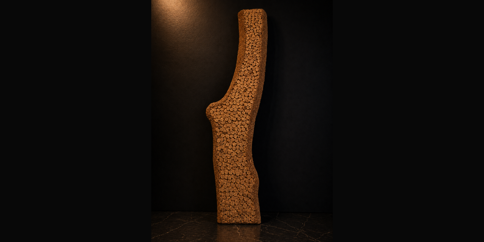 Skulptur aus zusammengenagelten Holzstücken auf schwarzem Hintergrund.