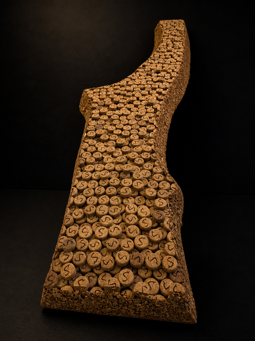 A sculpture made of small circular clay tablets with the letter 'S' inscribed on each, arranged in a flowing, winding structure.