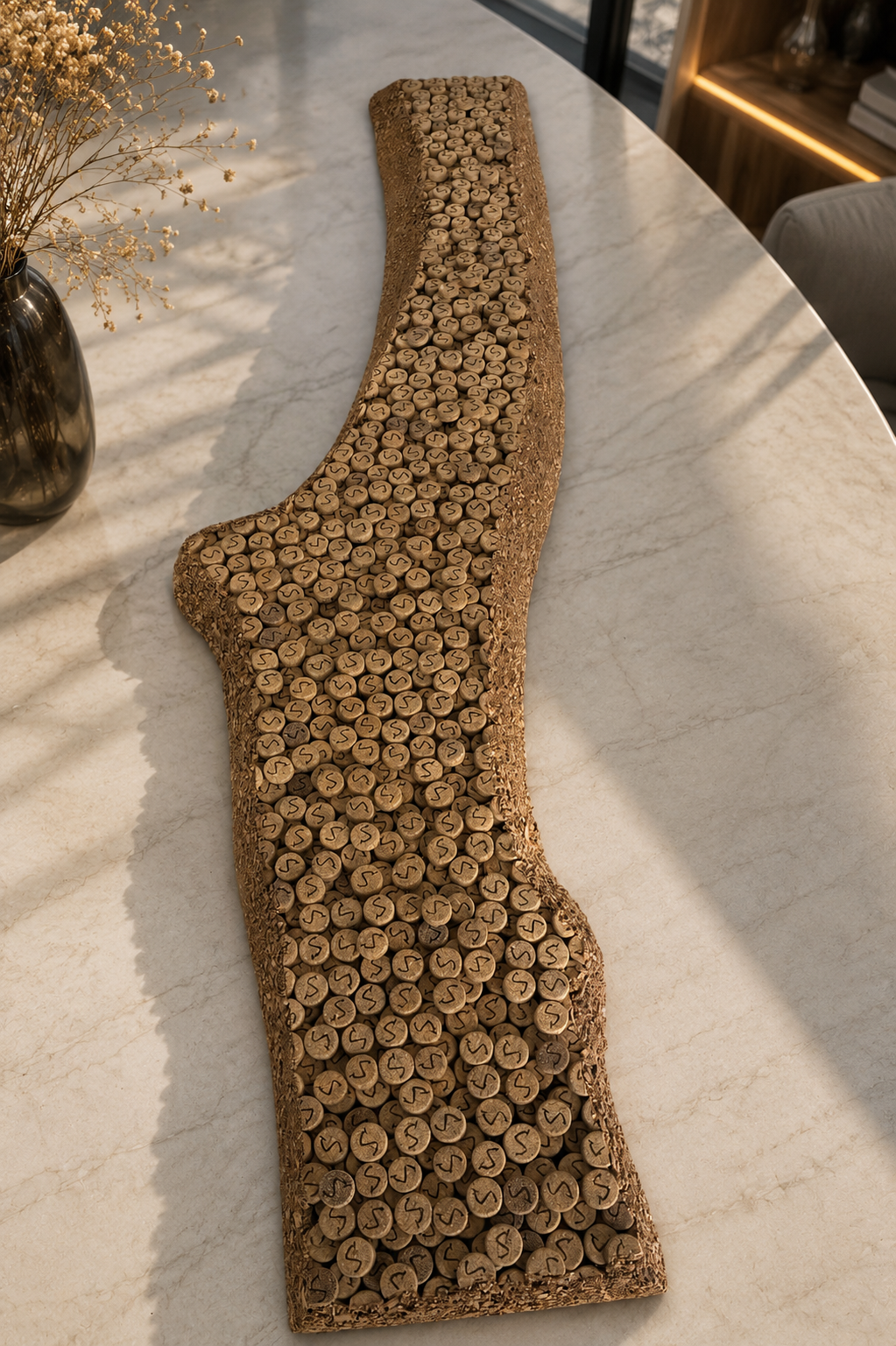 Lange, abstrakte Holzschale mit kleinen, runden Holzstücken, die jeweils ein S oder ein R eingraviert haben, auf einem weißen Marmortisch.