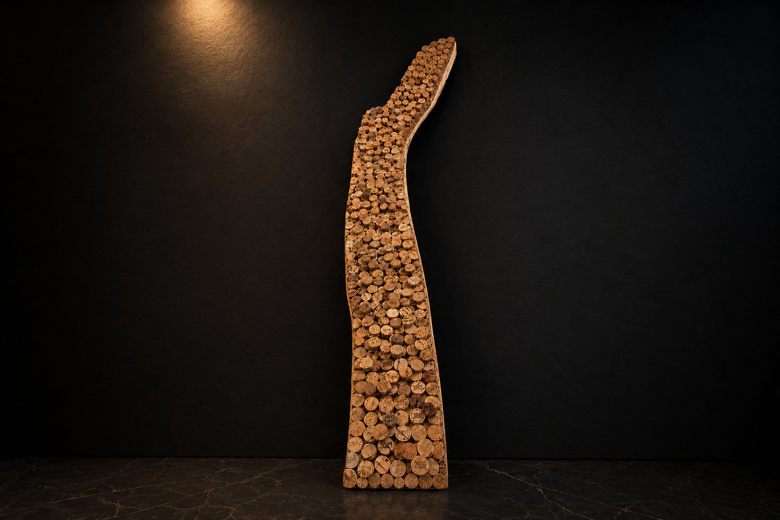 Vertikaler Holzskulptur aus mehreren kleinen Holzstücken auf dunklem Hintergrund