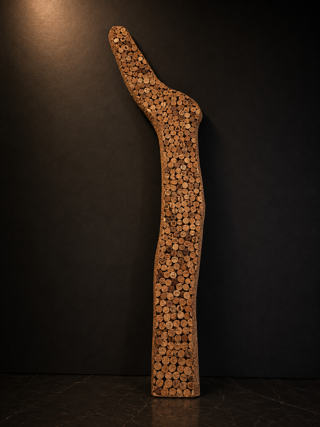 Back view of a sculpture by Nick Voß showing the natural grain and curved form of smoked oak.