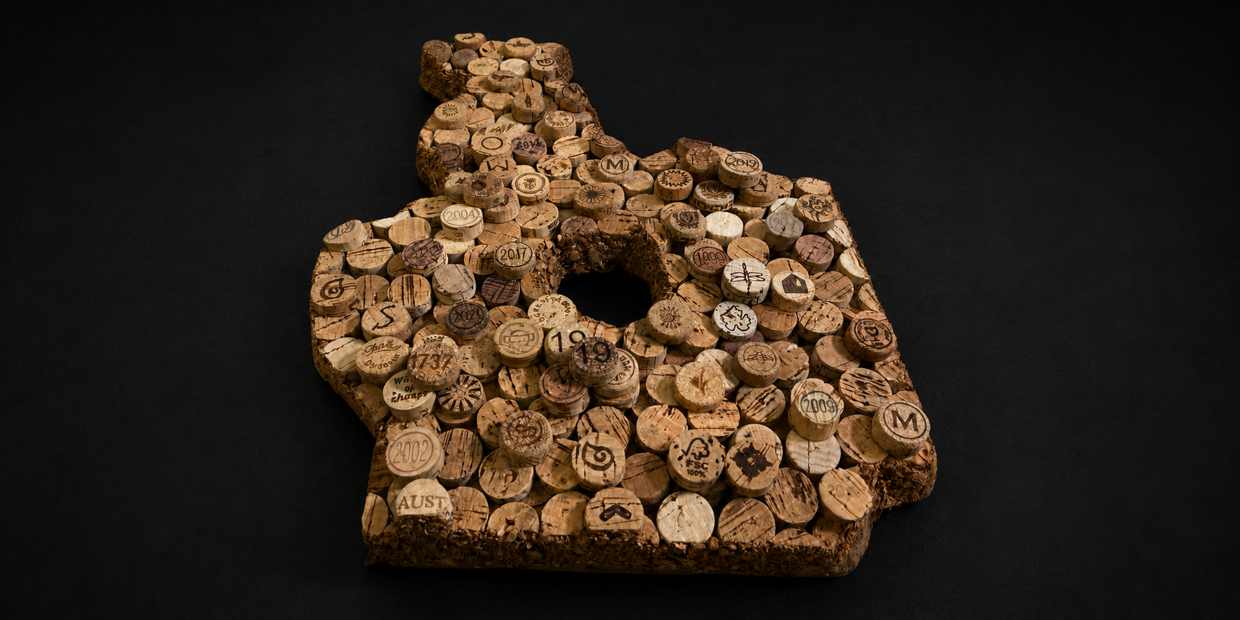 Ein Puzzle aus Korken, das die Form eines Hauses mit einem Schornstein bildet, auf schwarzem Hintergrund.