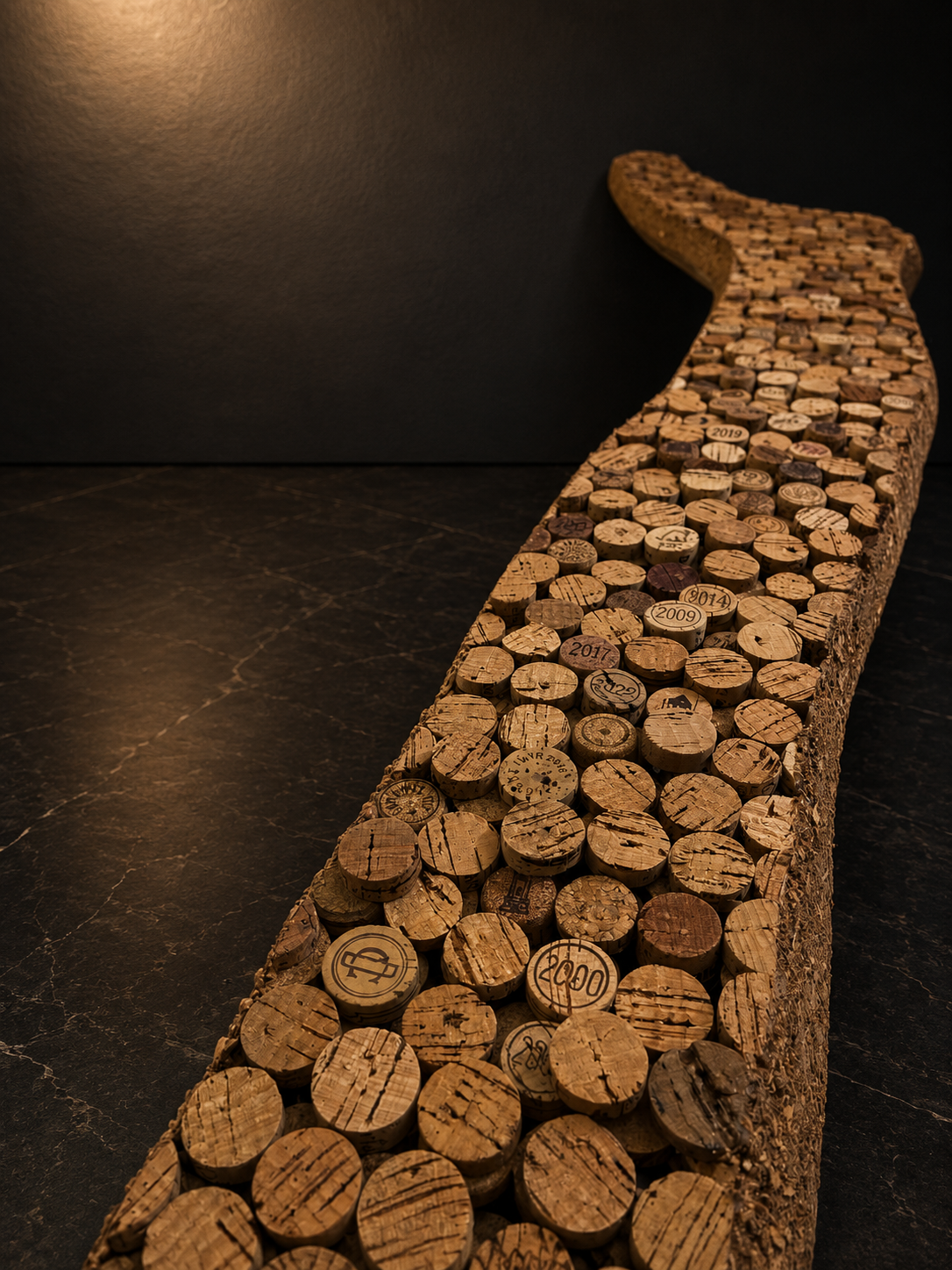 A long, narrow sculpture made of cut wine corks arranged in a continuous strip on a black surface, with some corks showing engravings of years and logos.