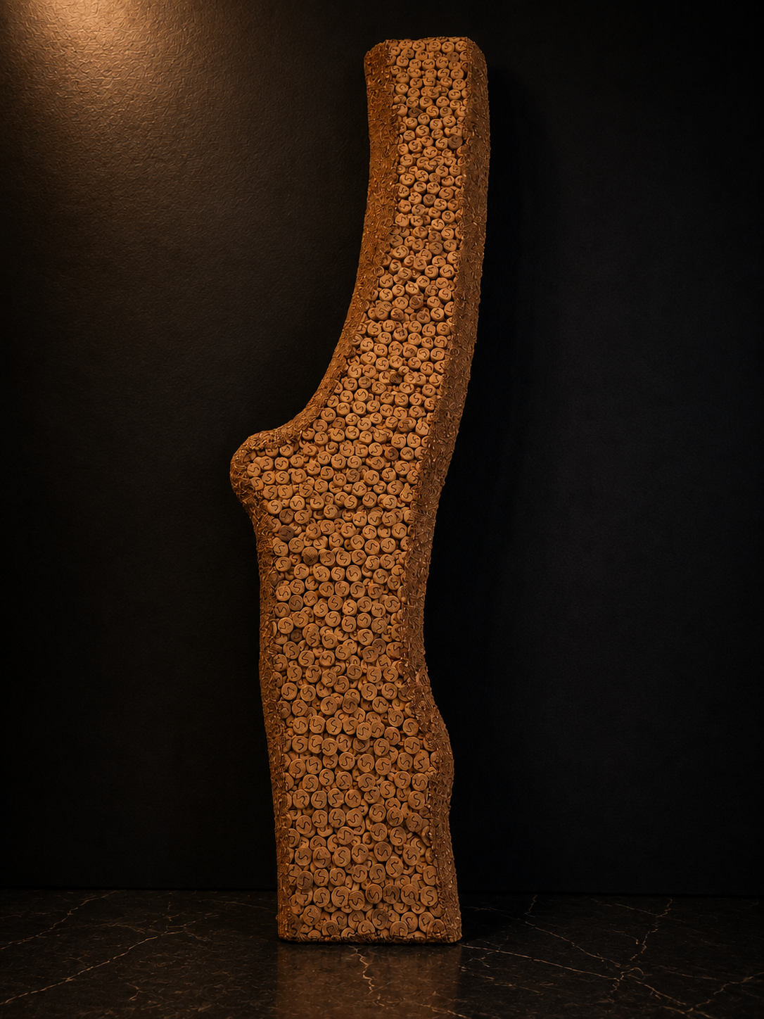 A sculpture made of small rolled pieces of paper arranged in a curved, vertical shape.