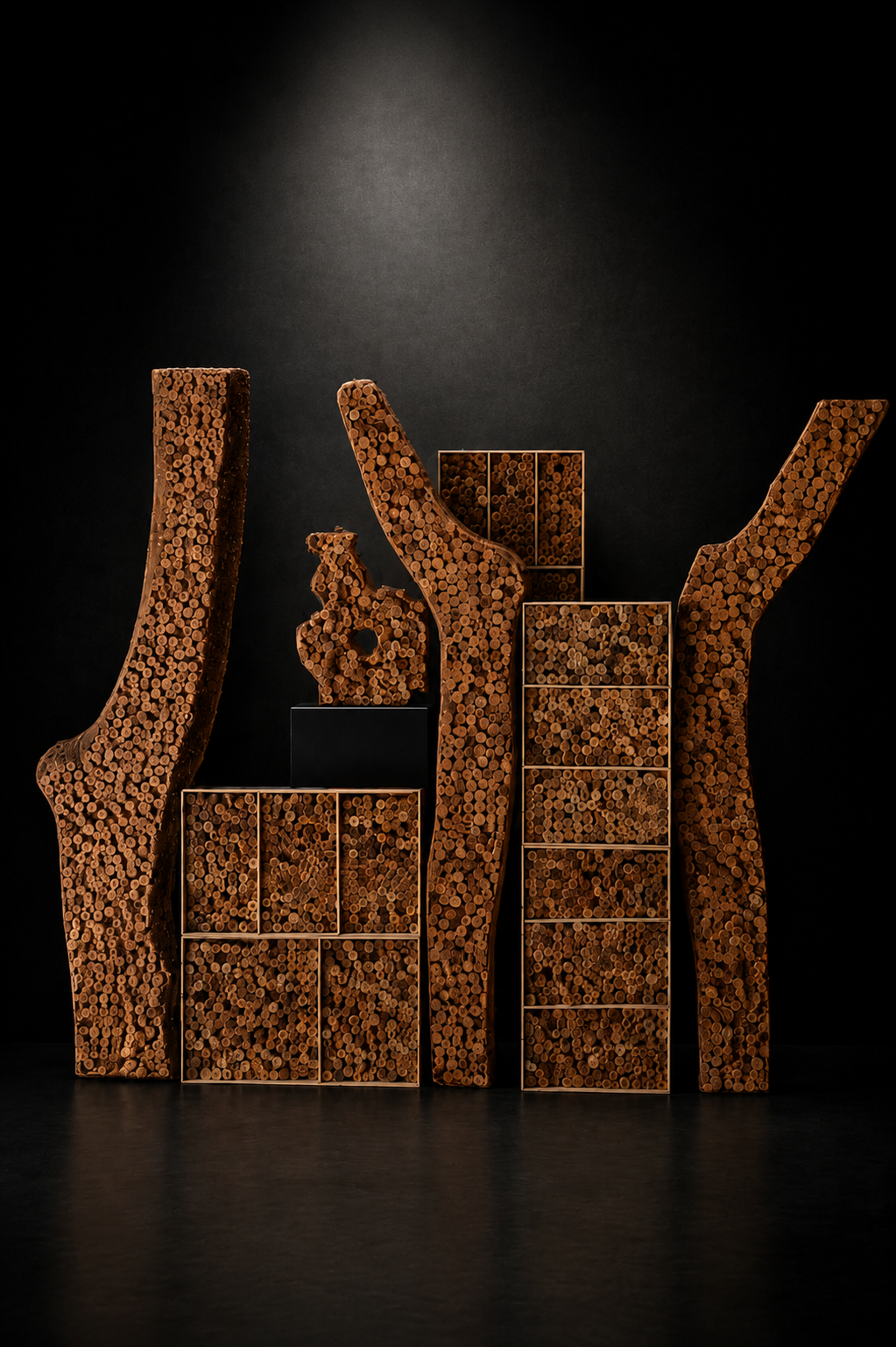 Skulptur aus Holzstücken, die wie Baumstämme aussehen, auf schwarzem Hintergrund.