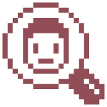 Pixel art of a magnifying glass with a skull inside the lens