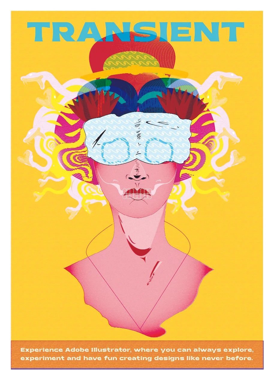 Digital artwork with a vibrant yellow background featuring a stylized female face with closed eyes wearing glasses, surrounded by abstract, colorful shapes. The word "TRANSIENT" appears at the top in bold blue letters. A banner at the bottom reads, "