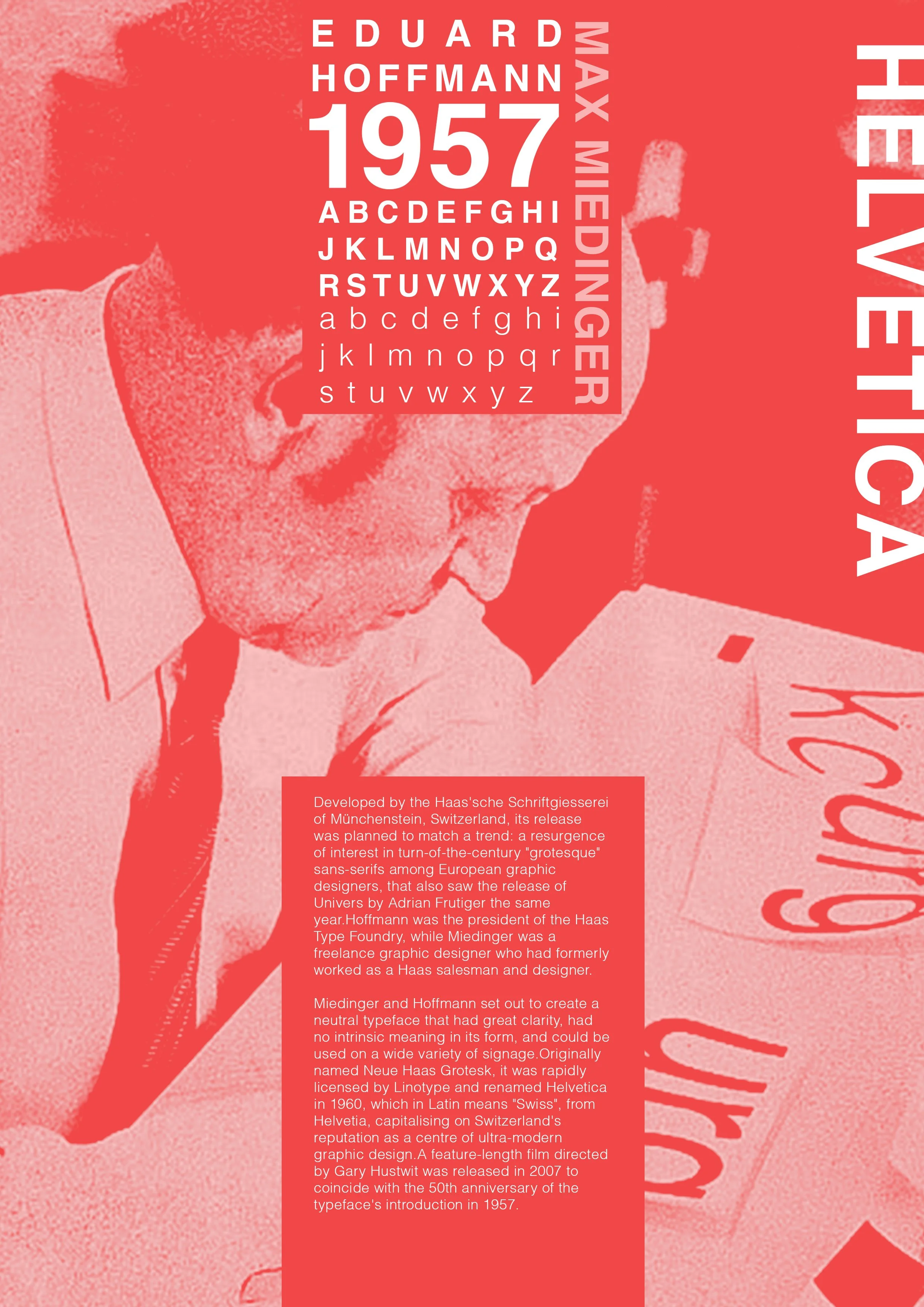 A retro-style poster featuring a profile image of a man reading, with red background, white text, and large typography highlighting the year 1957, the name Eduard Hoffmann, and other typography-related content.