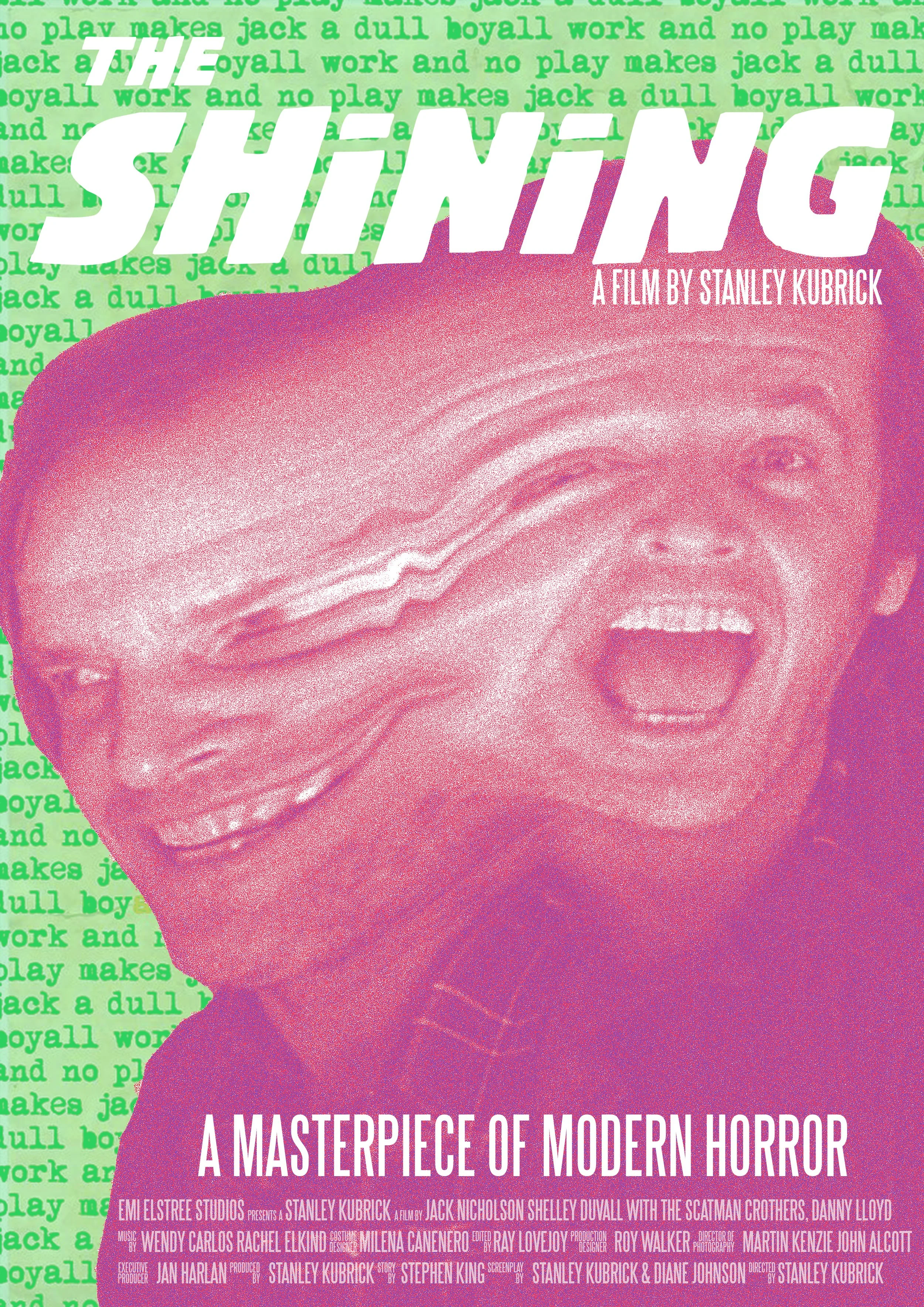 A promotional poster for the film 'The Shining,' with a close-up of a child's face superimposed with a horror-themed image of a heavily disfigured eye, featuring a large open mouth in a scream, in a grunge style with green background text and pink ov