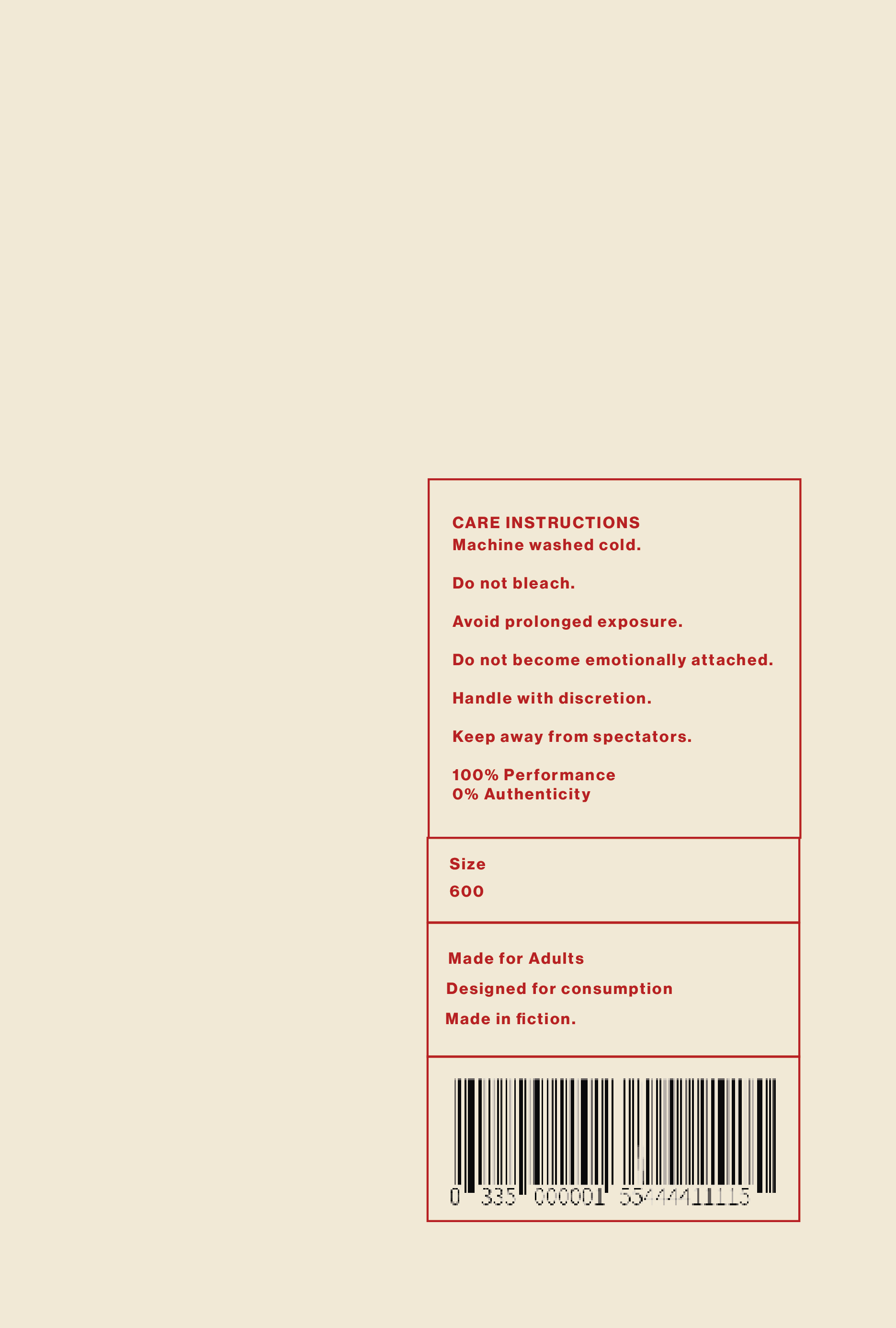 Back side of a product package with care instructions, size, and manufacturing details printed in red text, along with a barcode at the bottom.