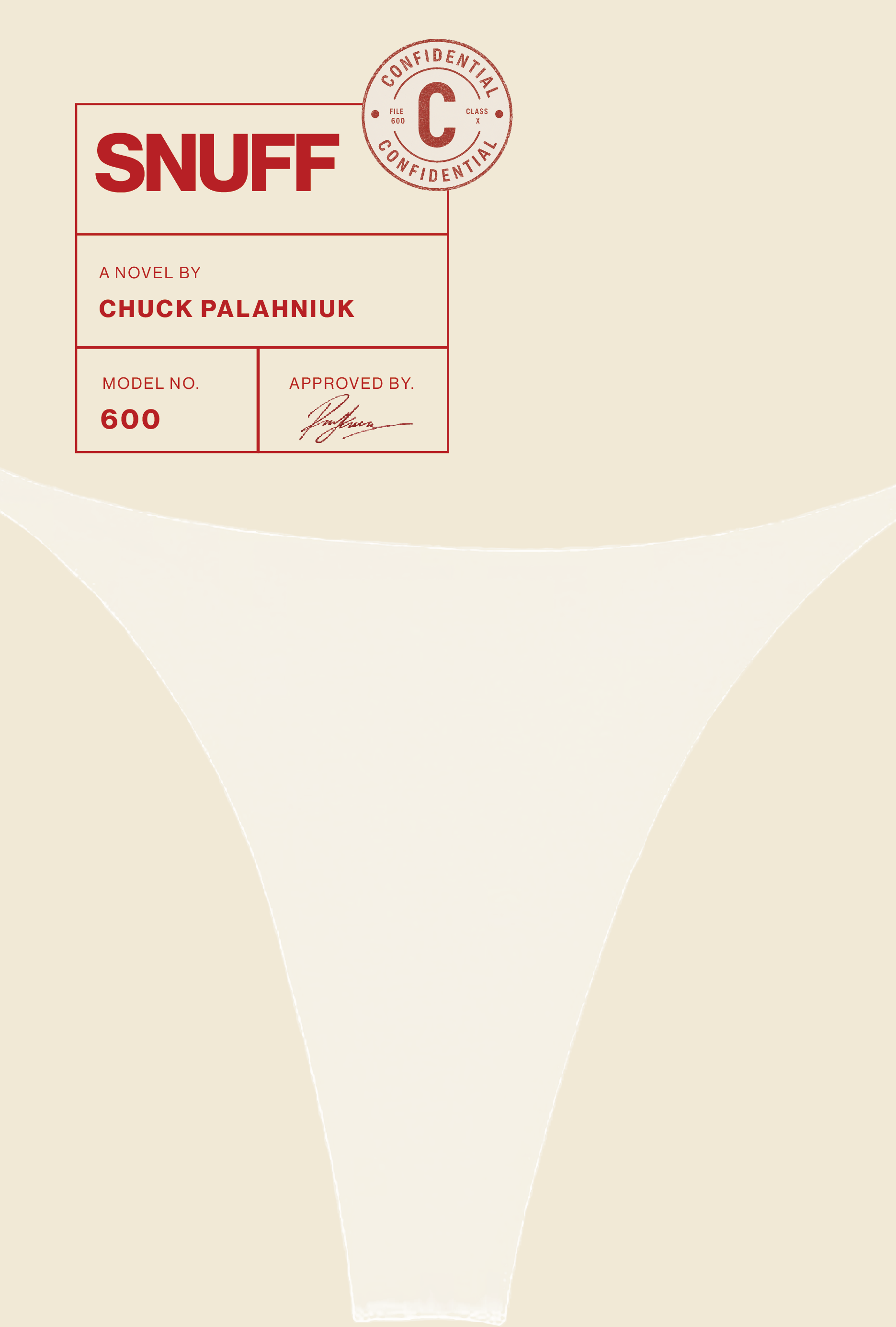 Close-up of a book cover titled 'Snuff' by Chuck Palahniuk, featuring a beige background with a red and white label and a fake official stamp.