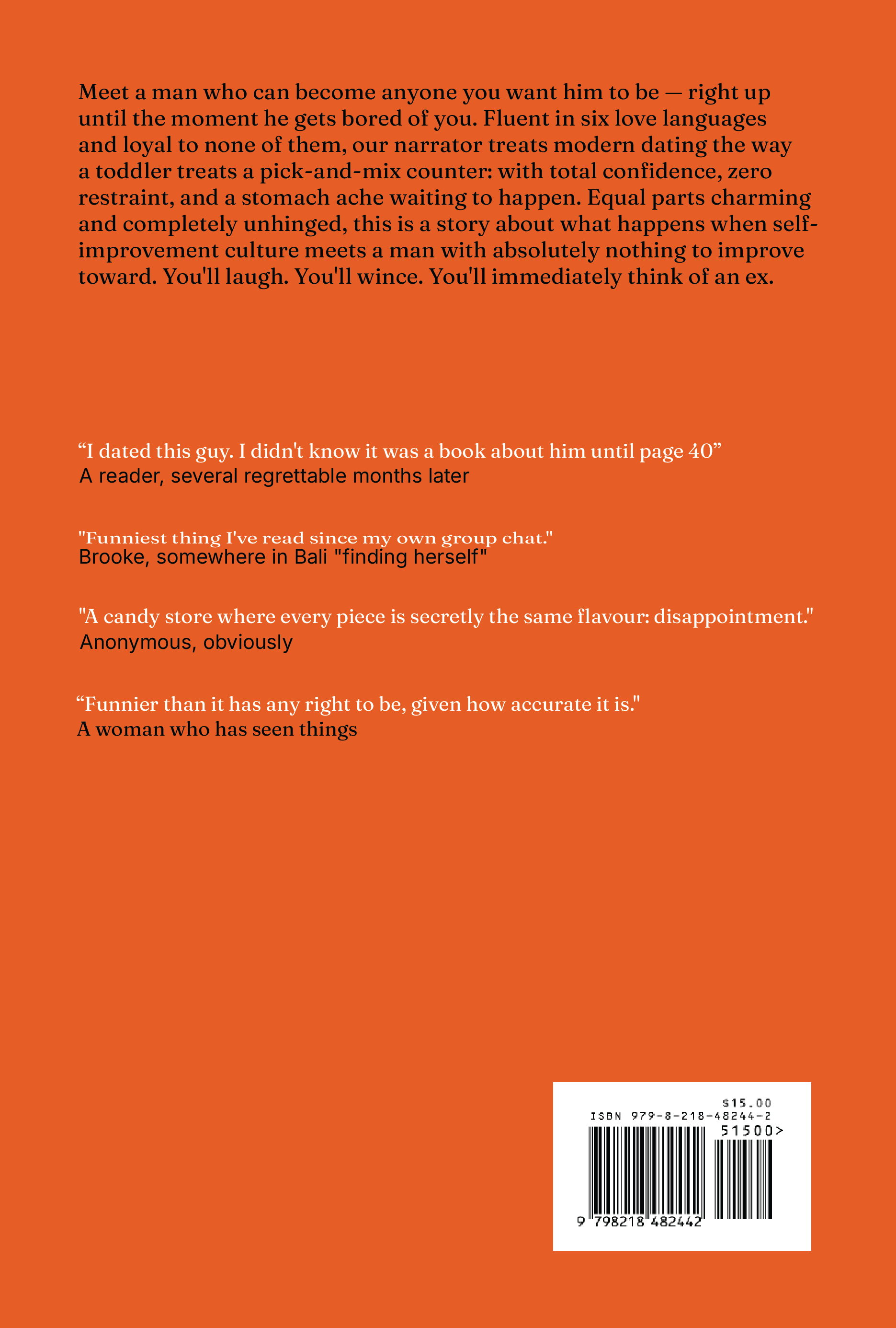 Back cover of a book with orange background featuring quotes from readers about the book, a barcode, price, and ISBN.