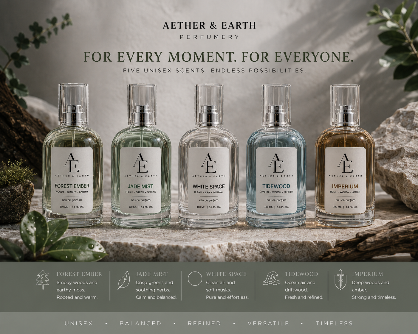Five bottles of Aether & Earth perfume with different scents labeled Forest Ember, Jade Mist, White Space, Tidewood, and Imperium, displayed on a natural-looking surface with decorative rocks and greenery, and a background with the brand's logo and product description.