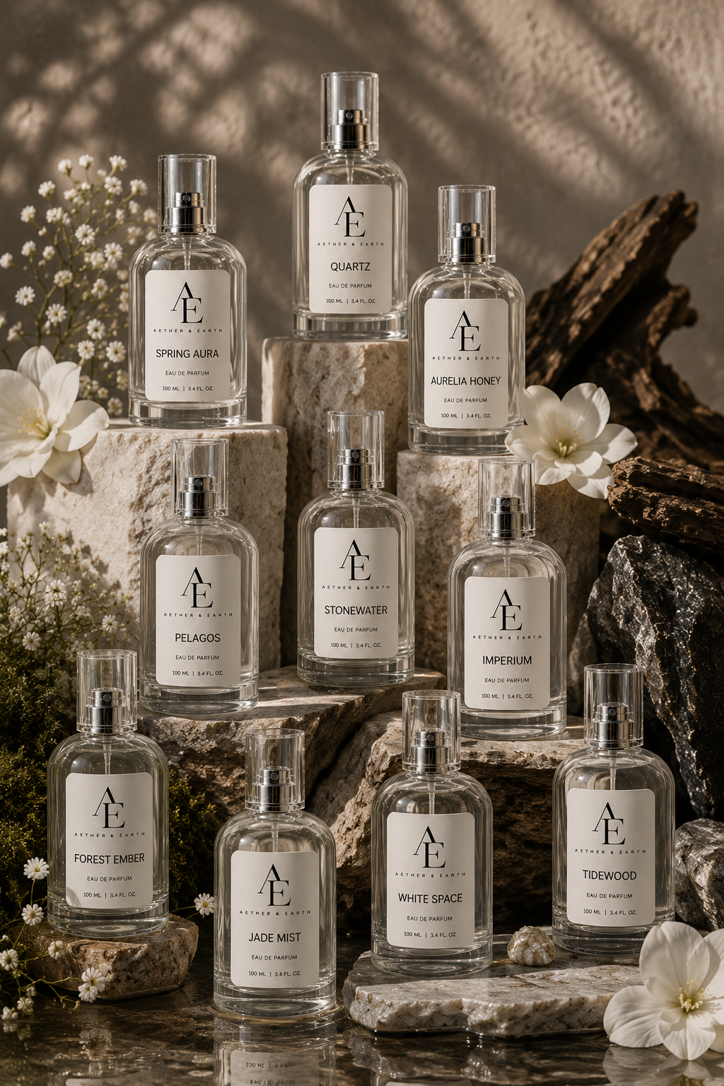 A display of multiple Aether & Earth perfume bottles arranged on natural stone blocks with flowers and wood in the background.