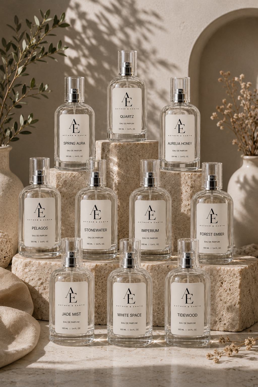 Collection of fragrance bottles on display with natural decor and soft shadows.