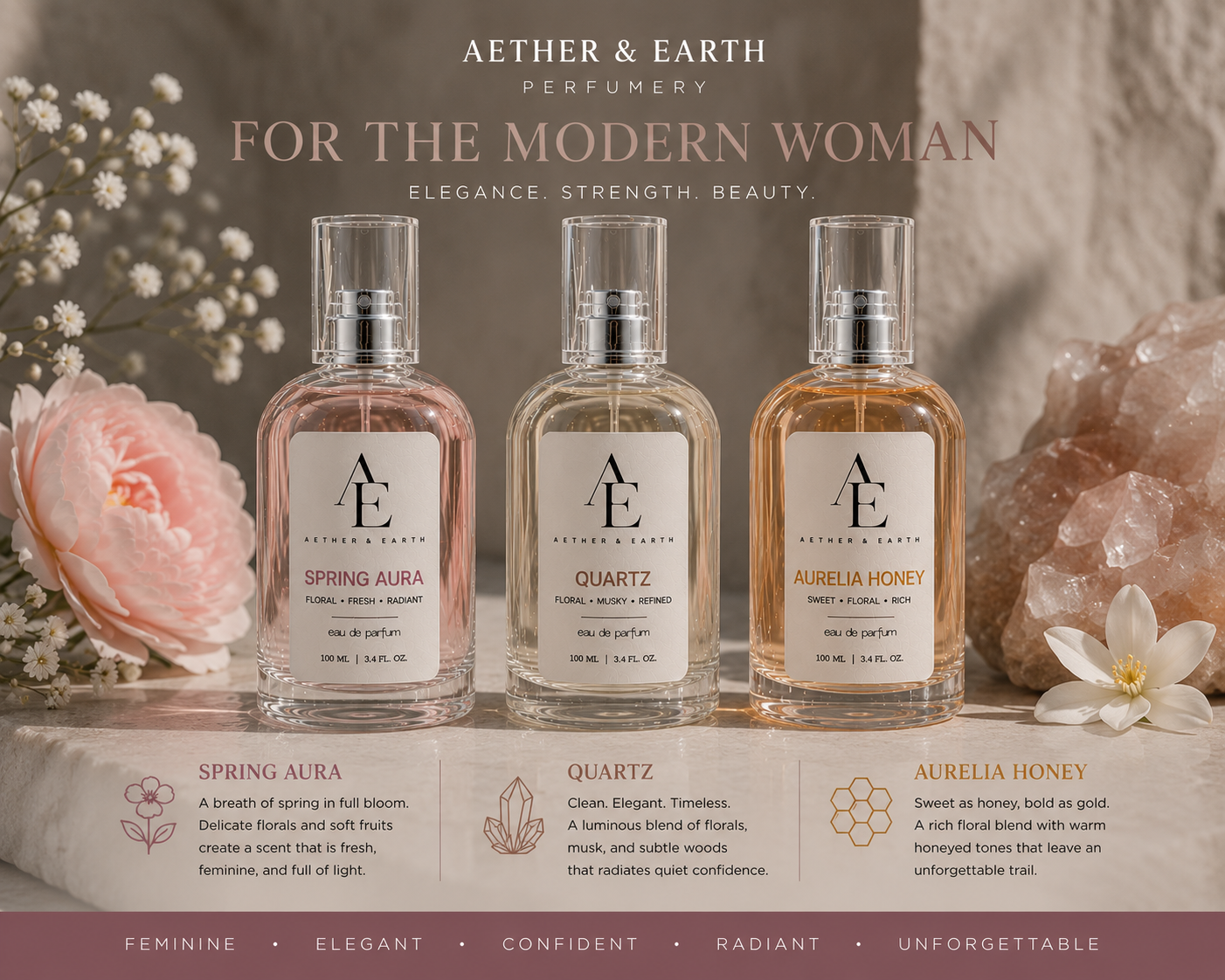 Display of three Aether & Earth perfume bottles labeled Spring Aura, Quartz, and Aurelina Honey with flowers and rocks around. The background features text promoting fragrances for the modern woman.