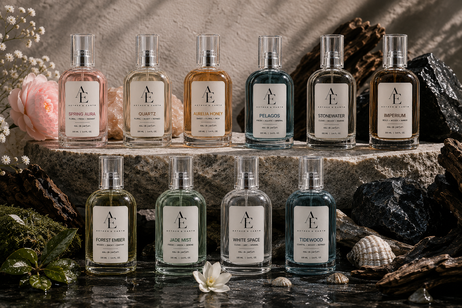 Nine bottles of Aether & Earth perfume arranged on natural rocks with shells, flowers, and driftwood around them.