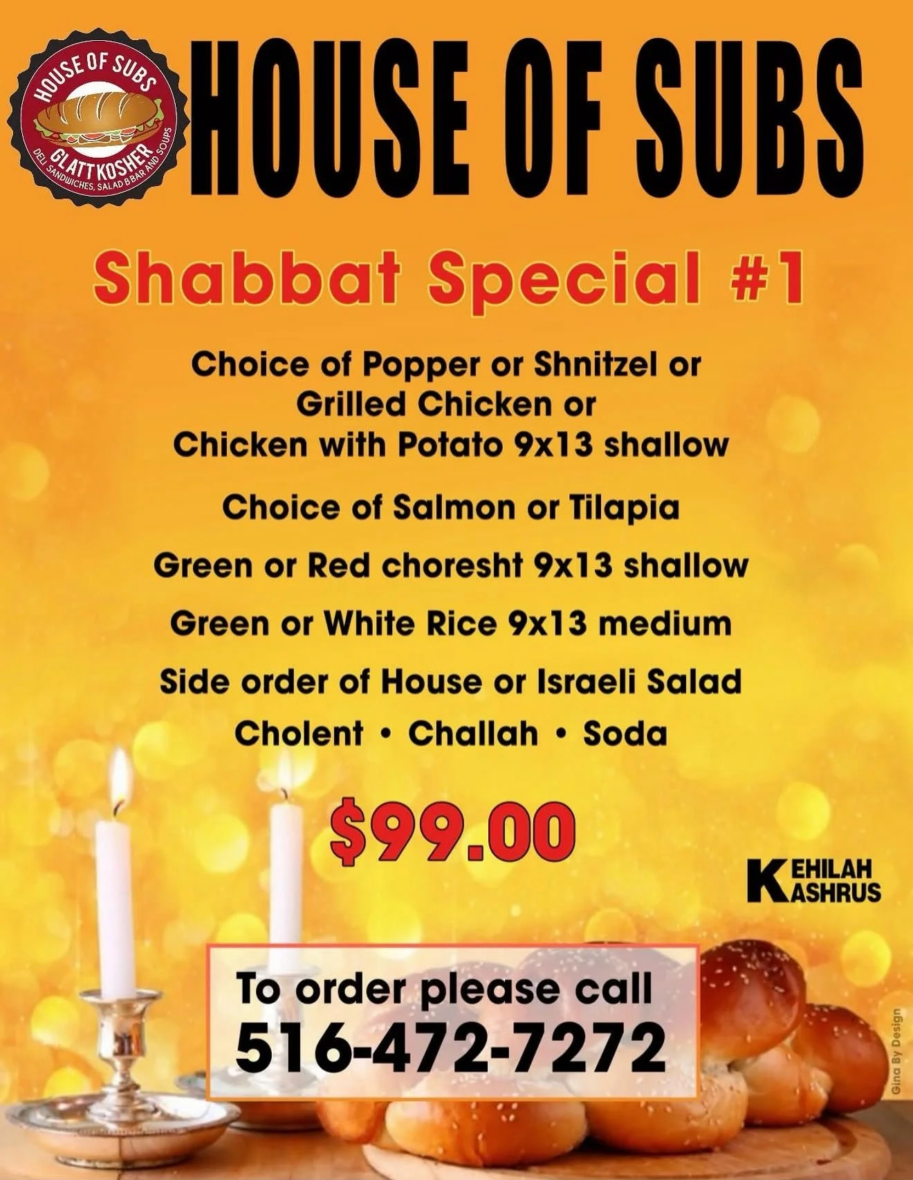 A restaurant menu flyer advertising a Shabbat special at House of Subs, featuring options like popper, schnitzel, grilled chicken, salmon, and tilapia, with sides including rice, salad, challah, and soda, priced at $9.00, with a phone number to call for orders.