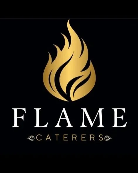 Gold flame icon with the text "FLAME CATERERS" in white and gold on a black background.