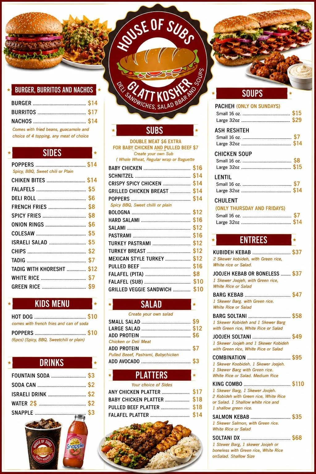 Menu featuring various subs, sides, drinks, salads, and platters with images of sandwiches, fries, grilled veggie sandwich, and a salad platter from House of Subs, a deli specializing in deli sandwiches, salad bar, and soups.