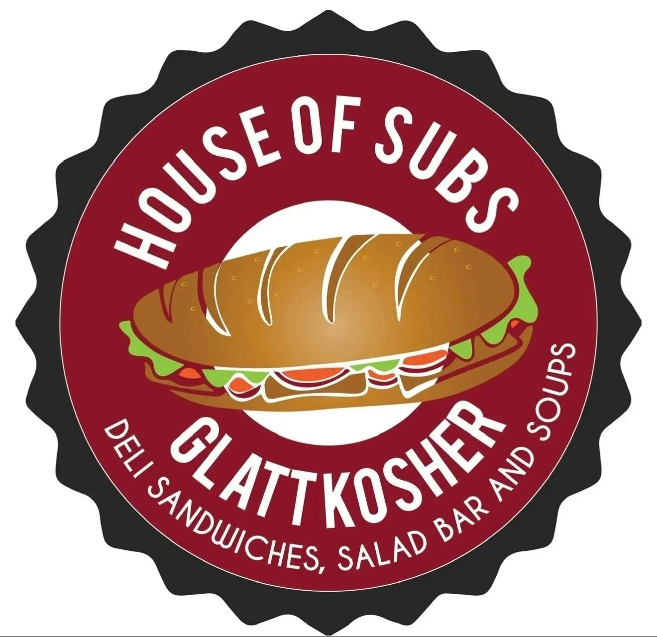 Label with a black and maroon badge design that reads "House of Subs Gluten Kosher" and "Deli Sandwich, Salad Bar and Soups" with a sandwich illustration in the center.