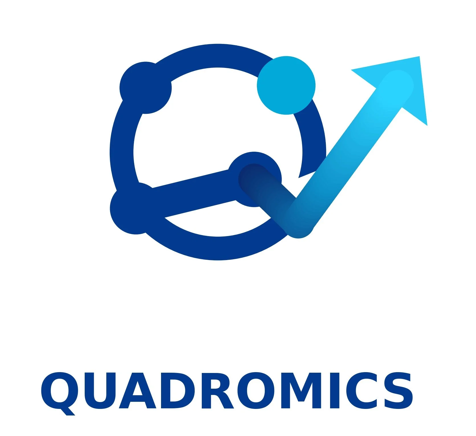 Logo of QuadroMic's featuring a circular graph with connected dots and an upward arrow, with the brand name "QUADROMICS" underneath in bold blue letters.
