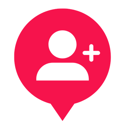 Red location icon with a person silhouette and a plus sign, indicating adding or following a user.