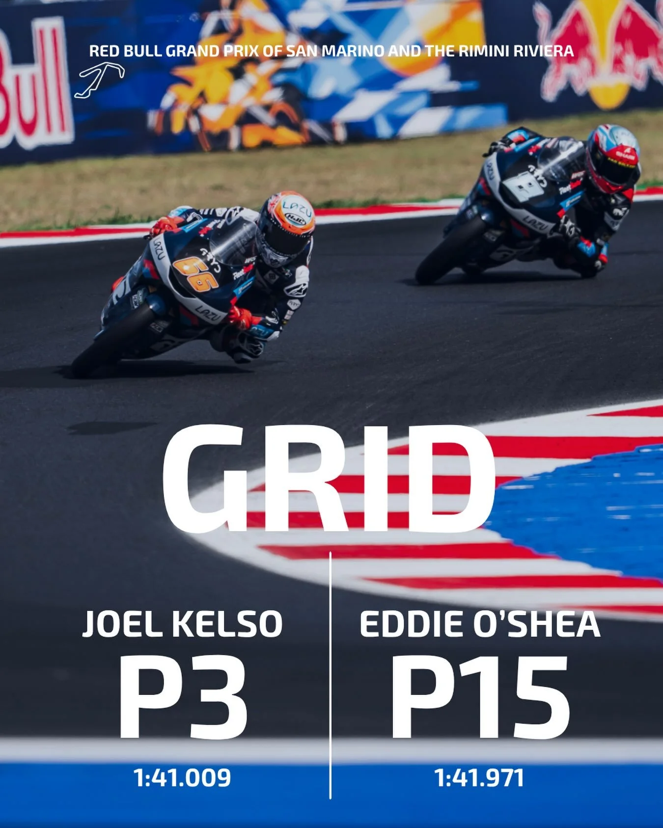 #SanMarinoGP 🇸🇲 | GRID: 

Joel Kelso ➡️ P3 ⏱️1:41.009 
Eddie O&rsquo;Shea ➡️ P15 ⏱️1:41.971

#Moto3 #GRYDRacing