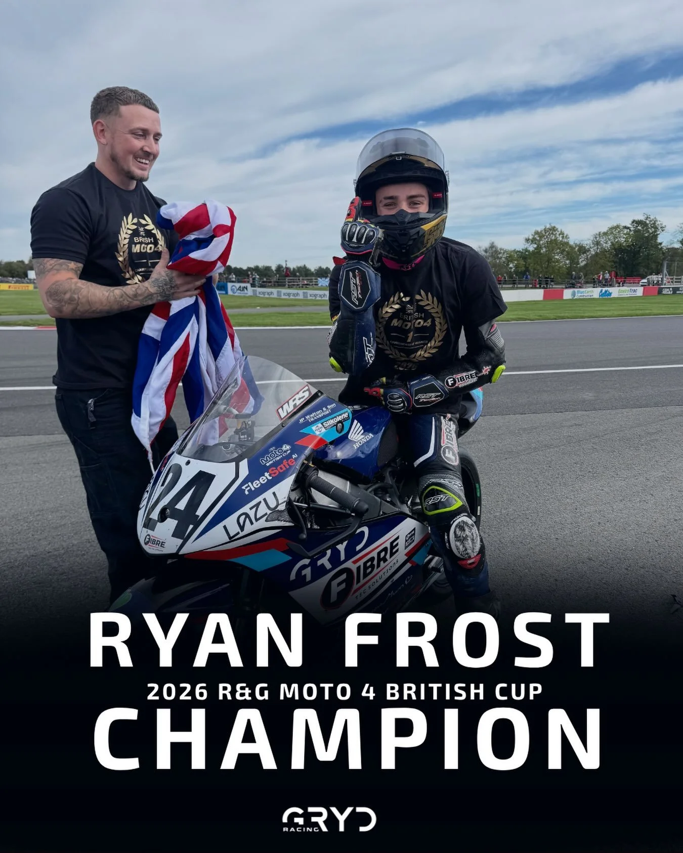HE&rsquo;S DONE IT! 🏆 Ryan Frost is the 2026 Moto4 British Cup Champion! 

An outstanding season with 8 wins and 14 podiums from 16 races 👏🏻

What a season! 🤩🥇

#Moto4BritishCup #GRYDRacing