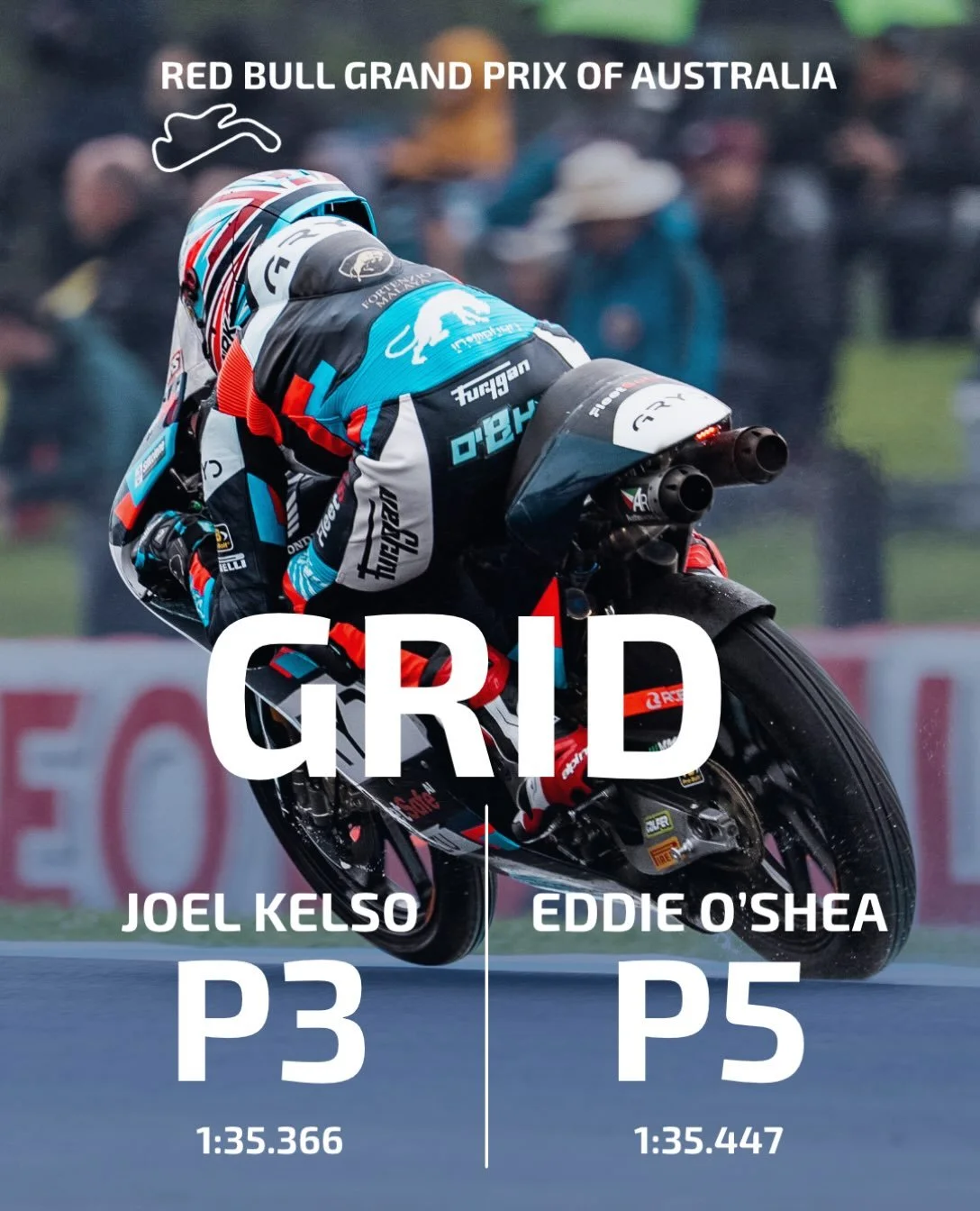 #AustralianGP 🇦🇺 | GRID: 

It&rsquo;s Kelso&rsquo;s fifth front row start of the season, but also Eddie&rsquo;s best qualifying result, lining up on the second row! 👏🏻

Q2: Joel Kelso ➡️ P3 ⏱️1:35.366 | Eddie O&rsquo;Shea ➡️ P5 ⏱️1:35.447 

#Moto