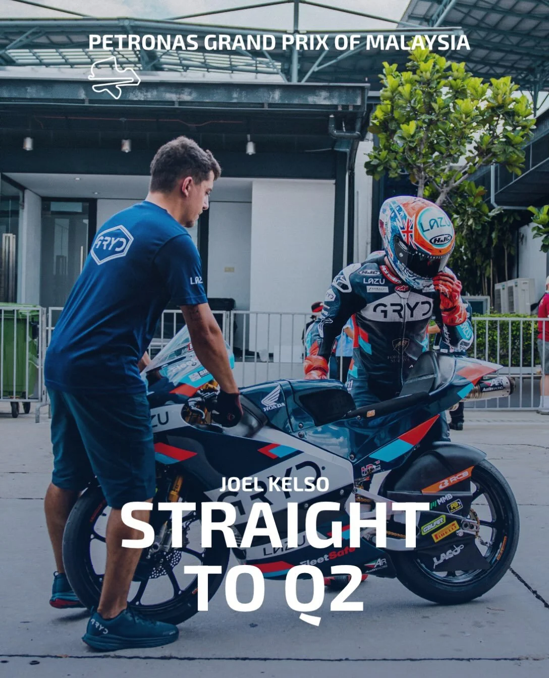 #MalaysianGP 🇲🇾 | FRIDAY: 
Joel Kelso ➡️ straight to Q2 

FP1: P6 ⏱️2:11.841 
PR: P12 ⏱️ 2:11.990

#Moto3 #GRYDRacing