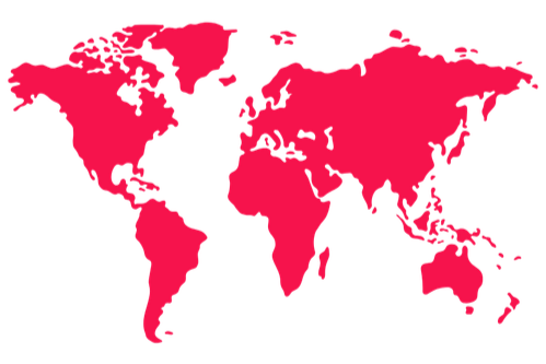 A world map with all continents highlighted in pink against a black background.