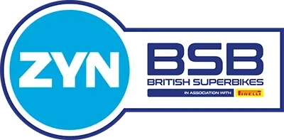 Logos of ZYN, BSB British Superbike, and Pirelli on a blue background