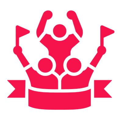 Stylized icon of three people celebrating with raised hands, wearing crown with ribbons.