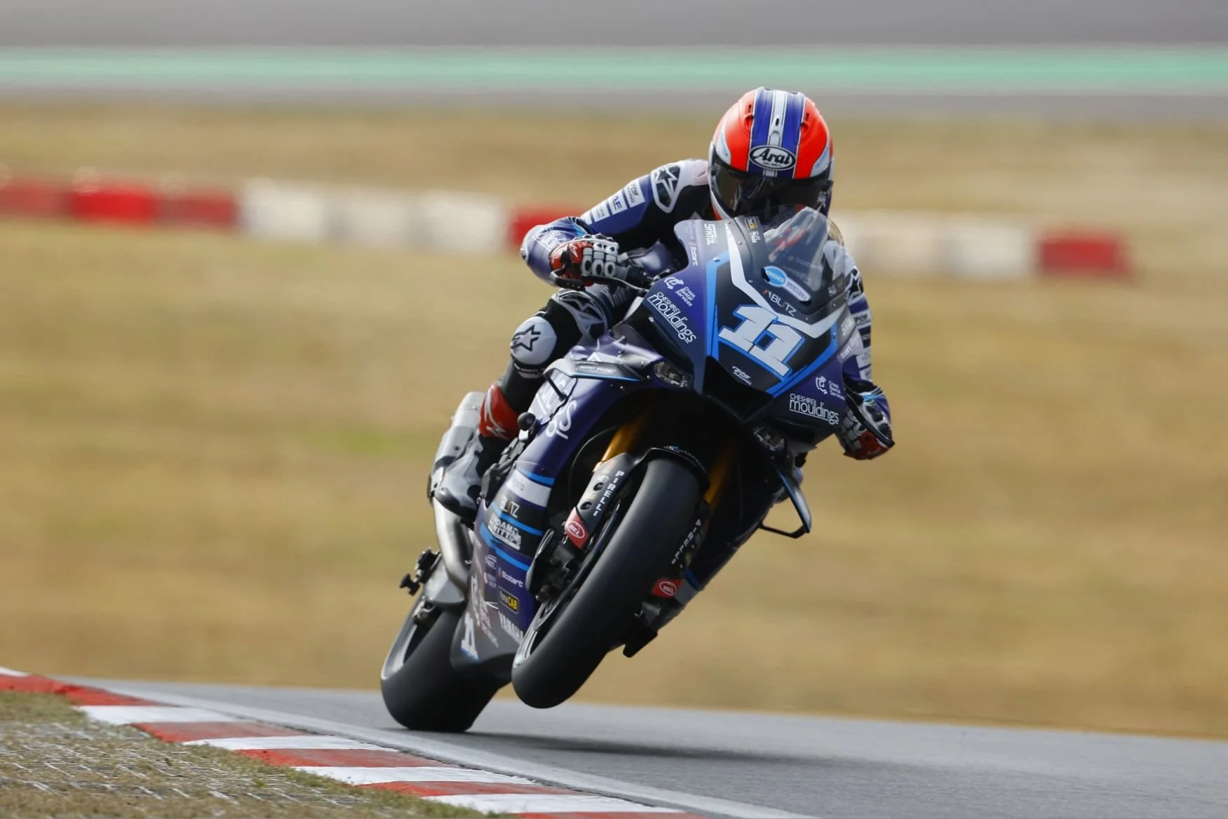 Motorcycle racer leaning into a turn on a race track, with grassy background and red and white track markings.