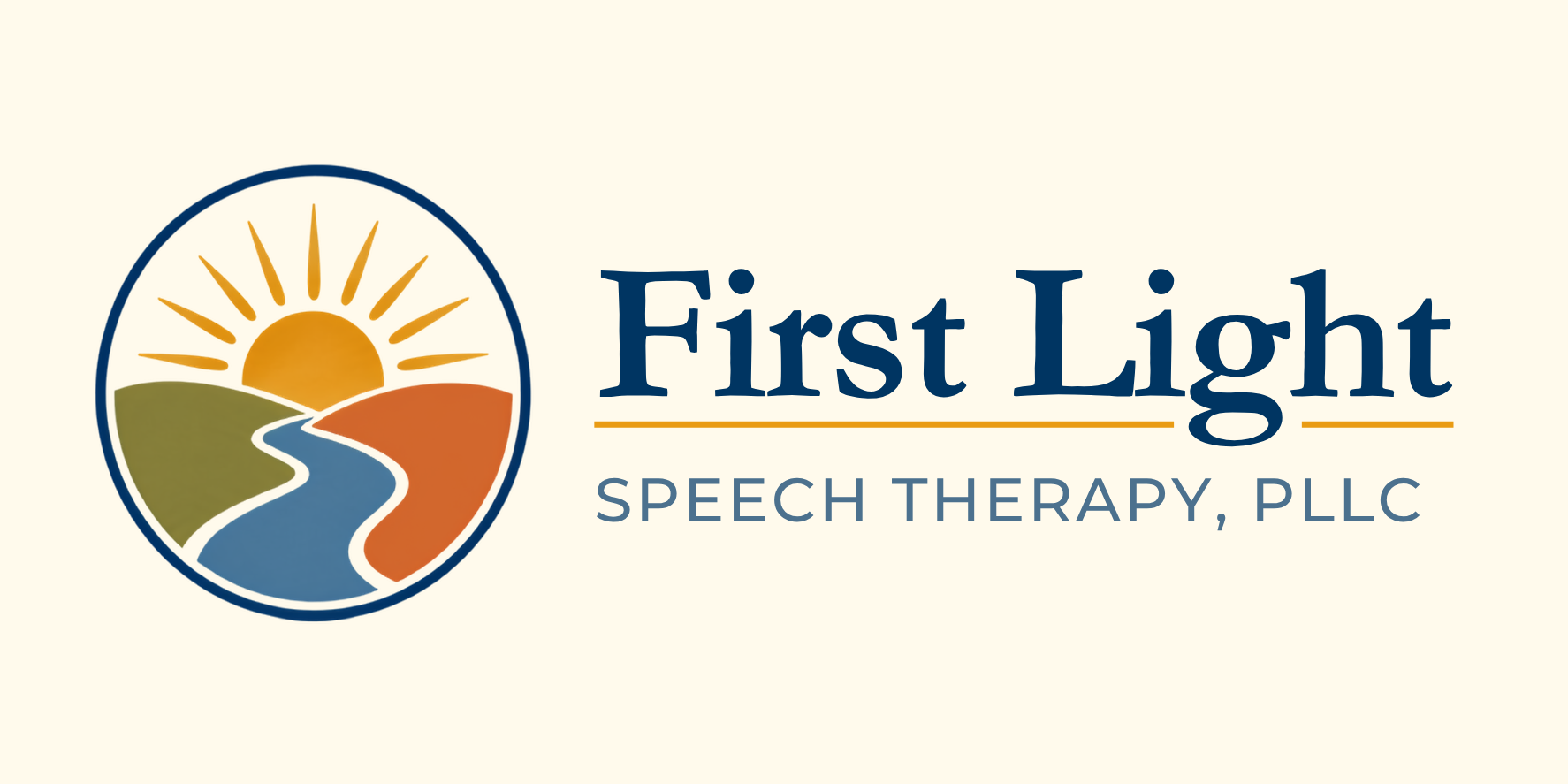 Logo of First Light Speech Therapy PLLC featuring a stylized sunrise over hills with a river, accompanied by the text 'First Light' in large font and 'Speech Therapy, PLLC' below.