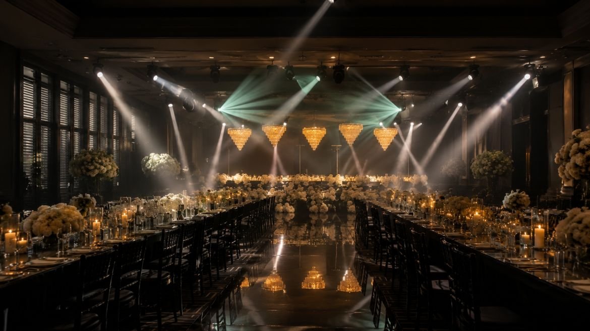 Elegant banquet hall decorated with white floral centerpieces, candles, and chandeliers, with stage lighting and a polished black floor reflecting the lights.