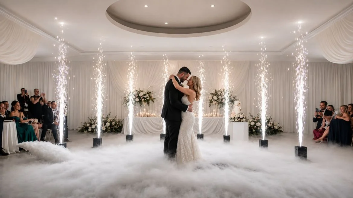 Bride and groom dancing in a wedding reception with sparklers and fog on the floor, surrounded by seated guests.