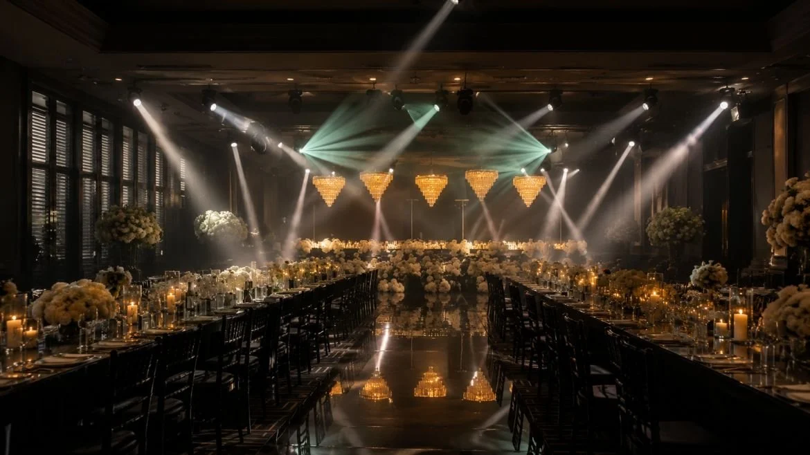 Elegant banquet hall with long tables decorated with white flowers and candles, illuminated by chandeliers and stage lighting.