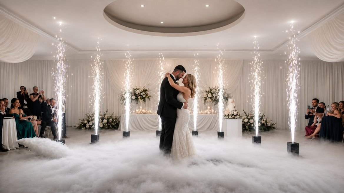 A bride and groom dance in the center of a wedding reception with fog on the floor and sparklers shooting up from the ground, surrounded by seated guests.