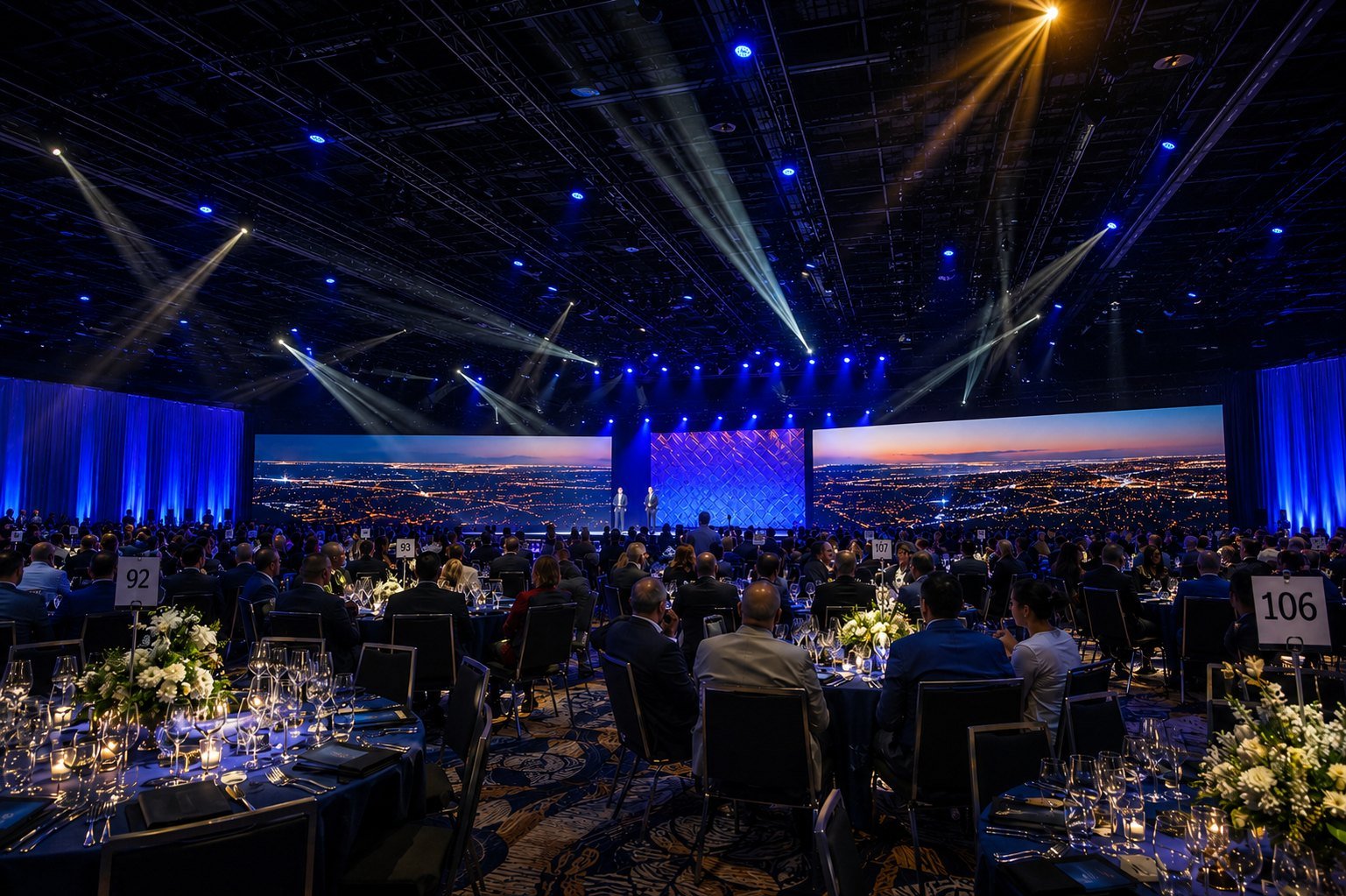 A large conference or gala event in a grand ballroom with round tables decorated with flowers and candles. The stage features dual large screens displaying a cityscape at sunset or dusk, with blue and gold lighting illuminating the room. Attendees in formal attire are seated, and number signs are visible on some tables.