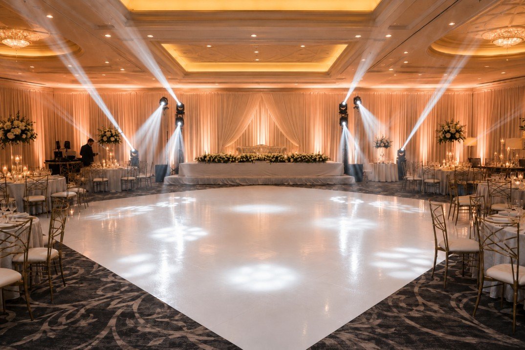 Elegant, empty wedding reception hall with a dance floor, decorated tables with white chairs, floral centerpieces, candlelit tables, and dramatic lighting with spotlights and drapes.