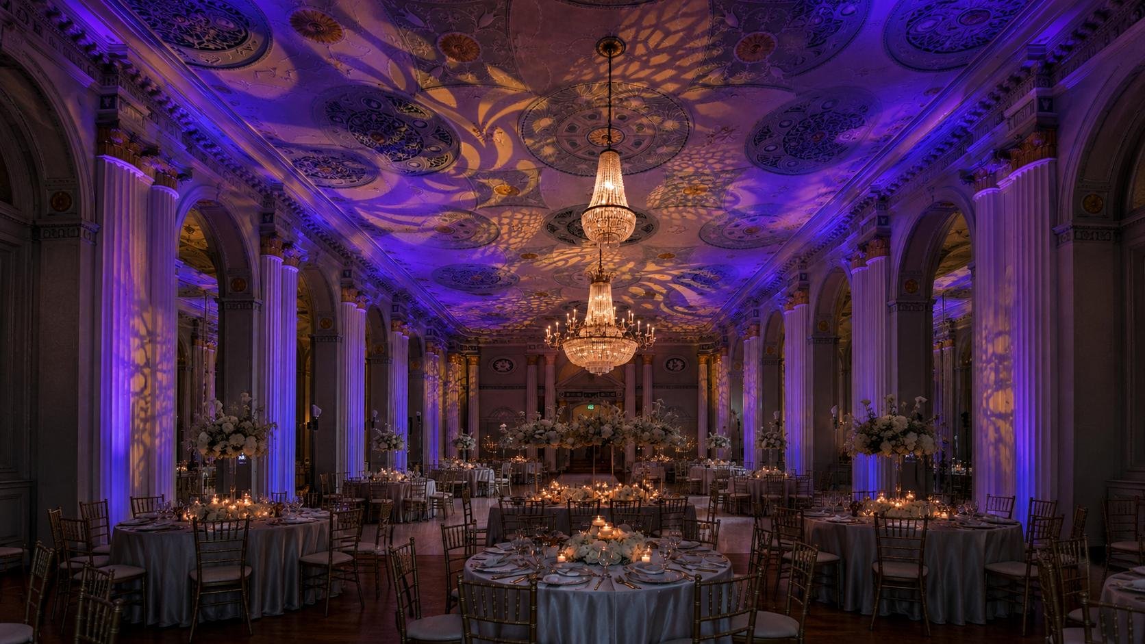 Elegant banquet hall decorated with white flowers and lit by chandeliers, with purple lighting casting patterns on the ceiling and columns.