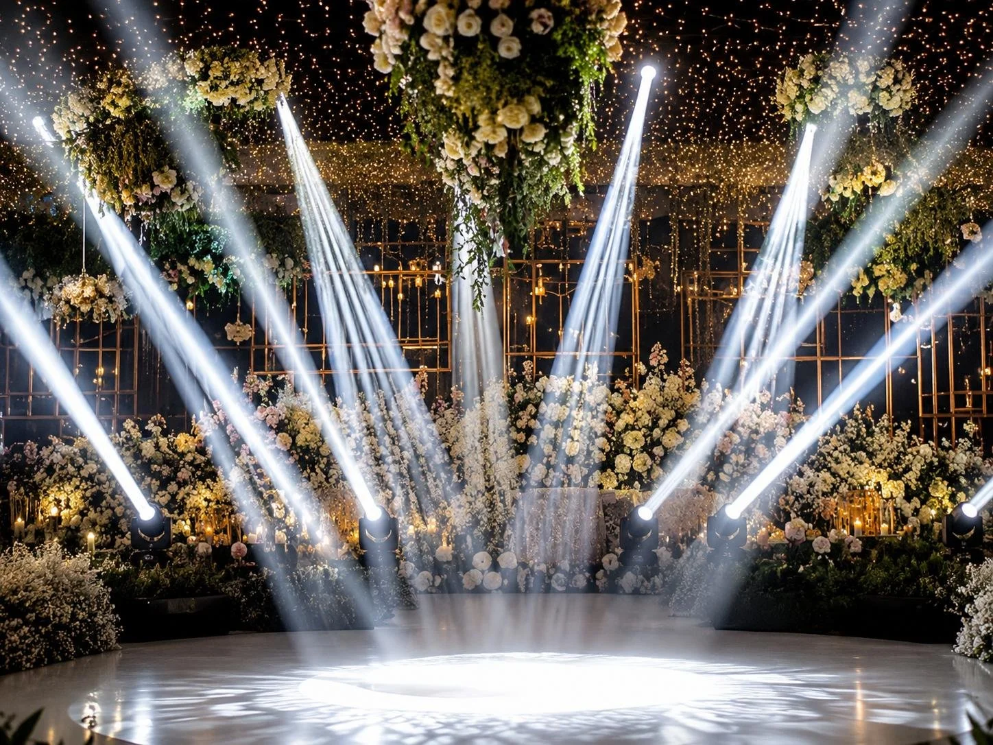 A decorated event stage with overhead flowers, string lights, and stage lights pointing downward, set for a celebration or wedding.
