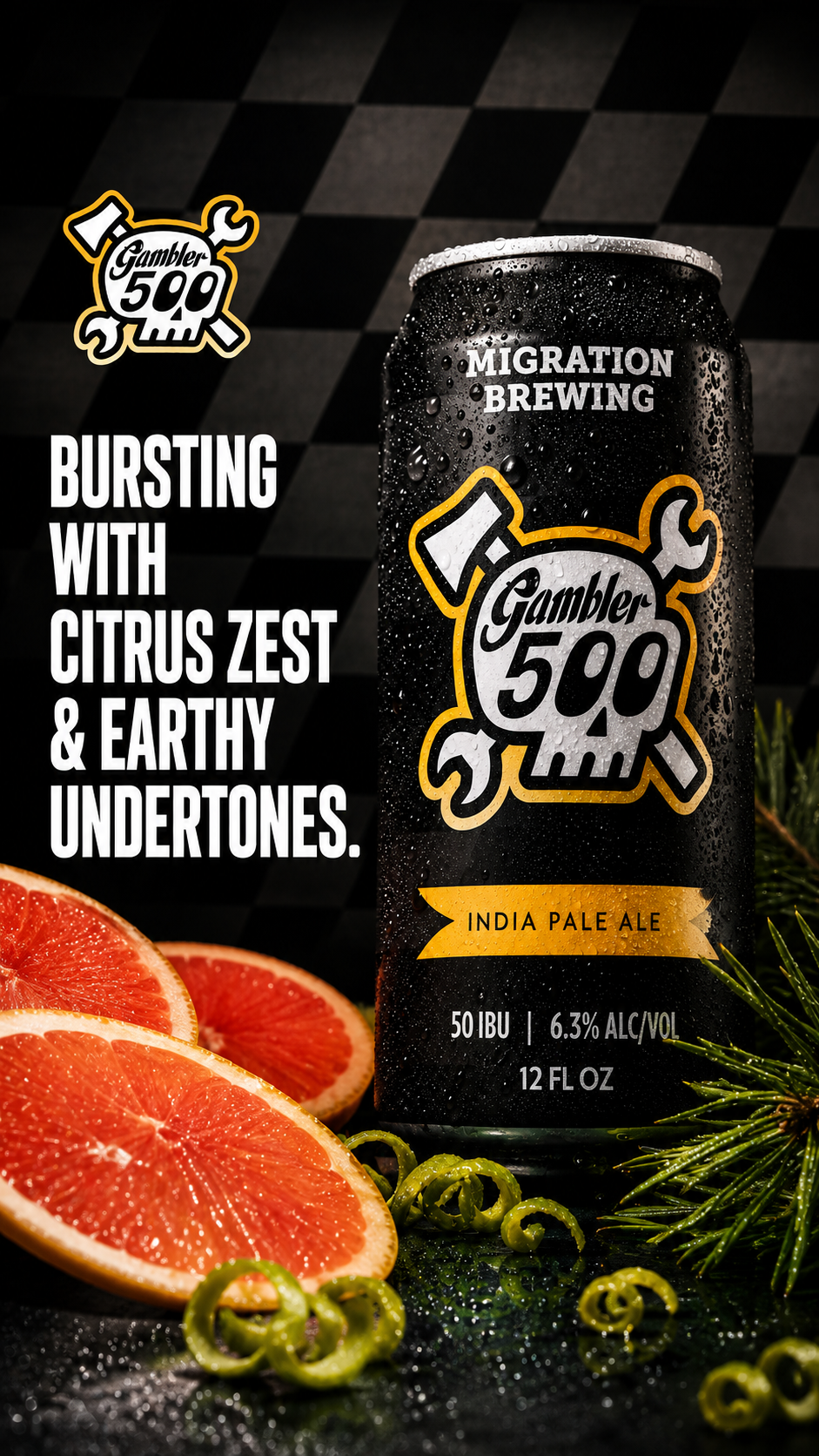 A black can of Gambler 500 India Pale Ale (IPA) with condensation, surrounded by slices of grapefruit, green citrus peels, and pine branches on a dark background.