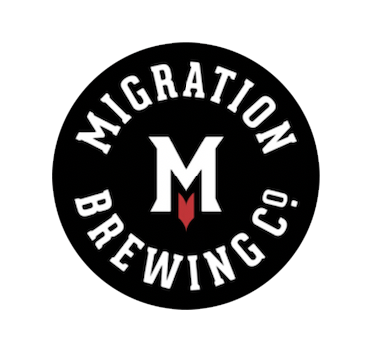 Logo for Migration Brewing Co., featuring a large letter 'M' with a red detail and the company name in a circle around it.