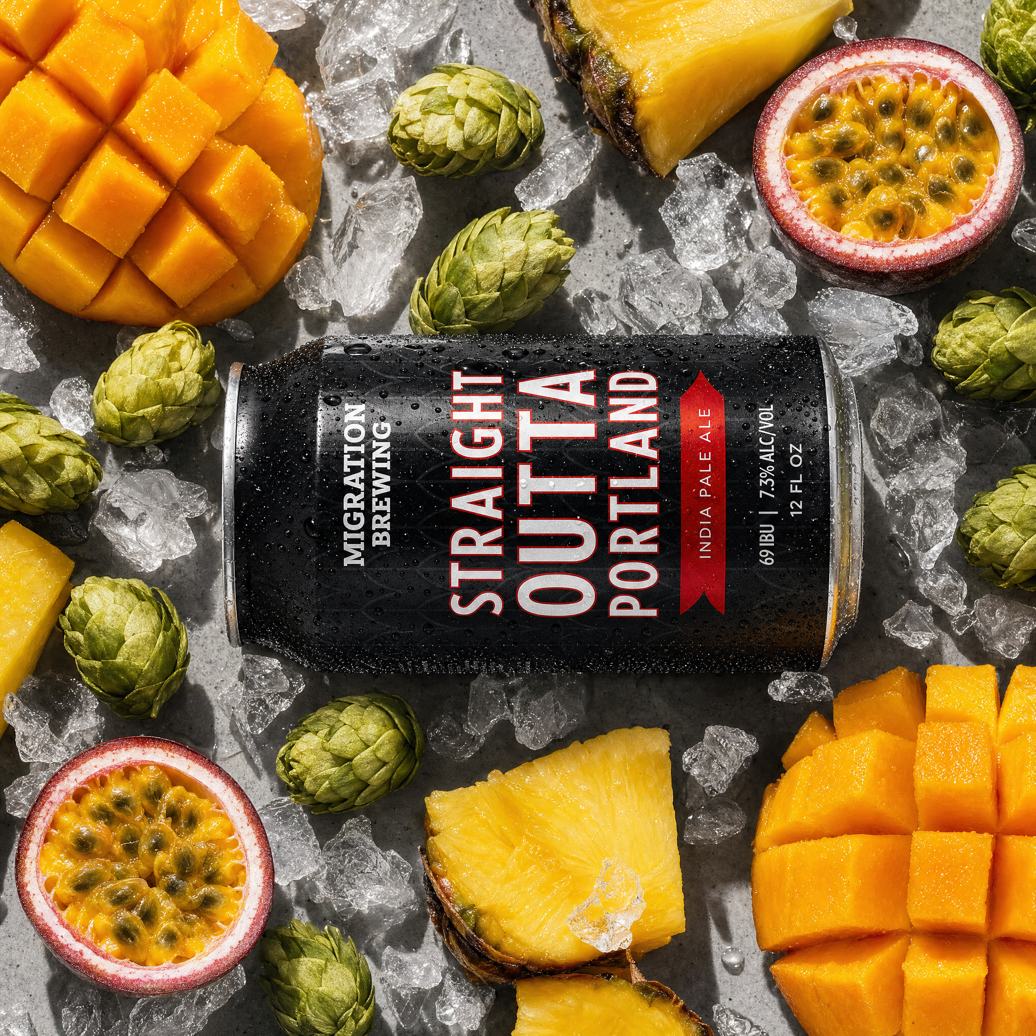 Cut tropical fruits including mango, passion fruit, pineapple, and papaya arranged on ice.